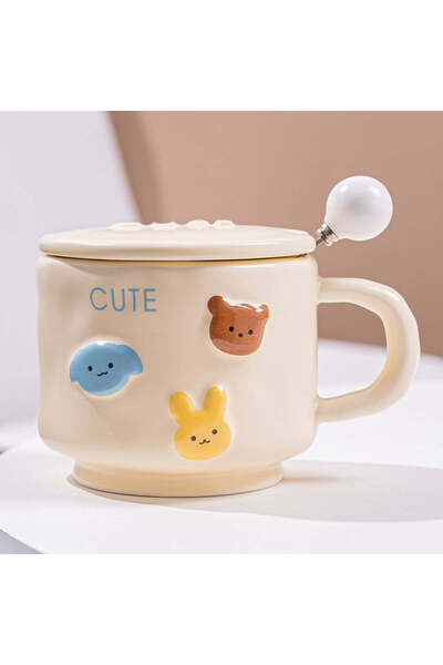 vivimall Ceramic Mug with Spoon and Lid Cute Model 400 ml Yellow | FreshBox