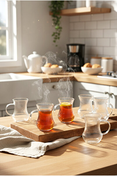 FH finehome Verano 6-Piece Striped Glass Tea Cup with Handle