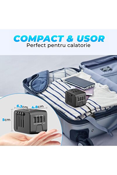 Timebox Universal travel charger adapter, , 3 x USB, 1 x Type-C for US, UK, EU, Australia, Asia, Black