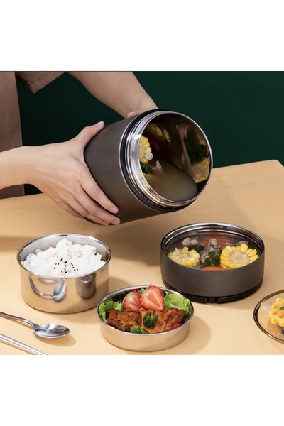 PUFO Stainless steel thermos container with 2 removable inner bowls and airtight lid, for food or soups