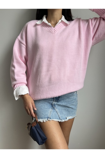 LOTUS CITY سترة تريكو وردية اللون ذات ياقة على شكل حرف V