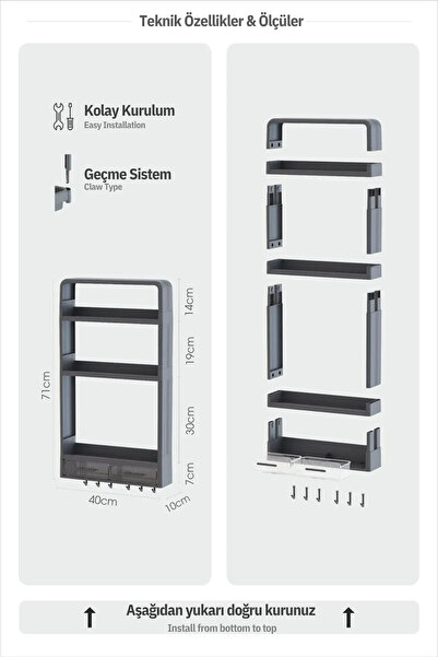 Trend Maison Premium Yapışkanlı Duvar Rafı Banyo Mutfak Havluluk Şeffaf Organzer Çekmeceli Duş Rafı Delme Yok
