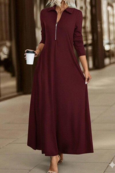 Mossta Polo Neck Zipper Detail Long Sleeve Maxi Dress - Burgundy