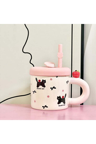 vivimall Ceramic Mug with Lid and Straw Cute C Model 380 ml Pink | FreshBox