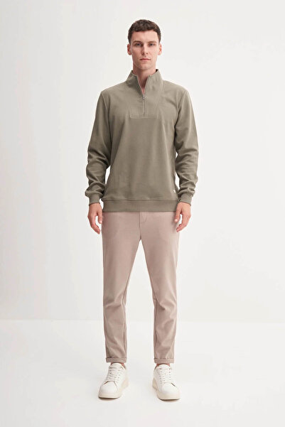 Cazador Premium Thick Textured Stand Collar Zippered Light Khaki Men's Sweatshirt 53075