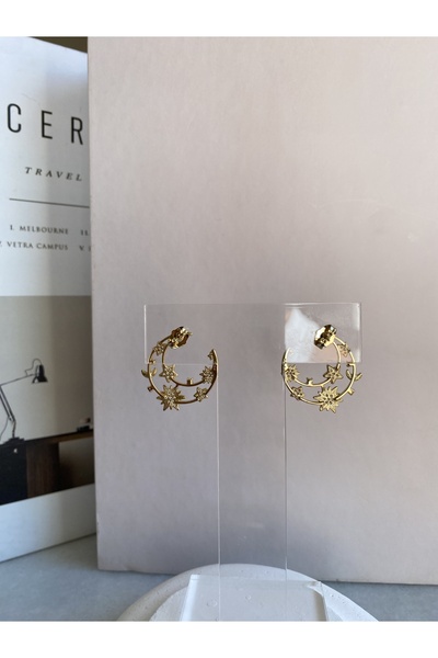 Atelier Licia Gold Renk Ay ve Yıldız Motifli Taşlı Halka Küpe