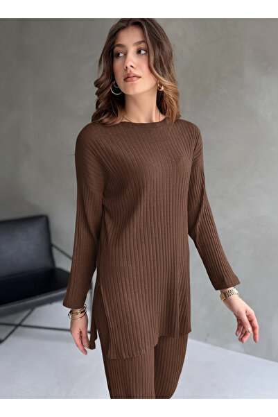 eyyebelle Cotton Ribbed Women's Blouse Trousers Double Set