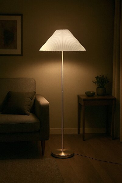 burenze Modern Capri Umbrella Pileli Krem Kumaş Dekoratif Lambader Metal Gövde Eskitme Gold