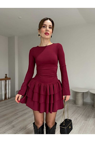 YK FASHION Fırfırlı Eteği Kat Detaylı Mini Elbise