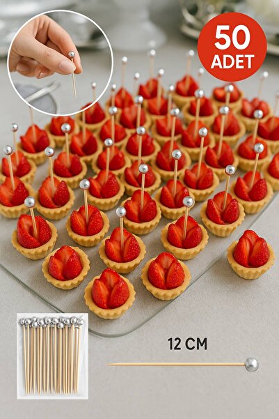 TOYFEST Set of 50 Silver Ball Head 12 cm Bamboo Toothpicks – Stylish Choice for Cocktails, Desserts, and Event Presentations