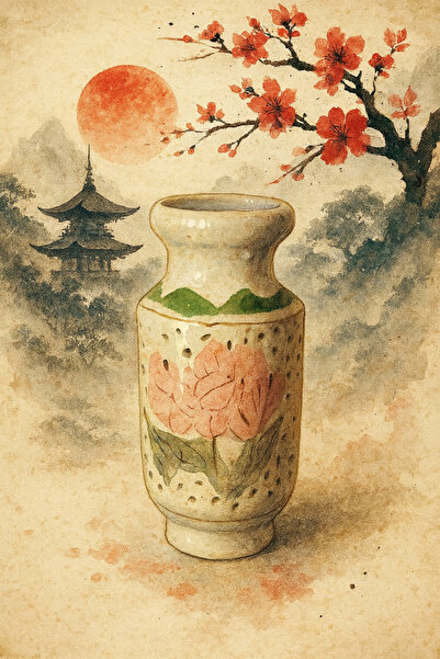 ŞIK VE MUTLU Porselen Minik Boy Asya Temalı Dekoratif Vazo