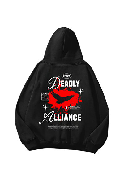 Gofeel Smrtonosni savez Štampano crna Oversize kroj unisex dukserica sa kapul...