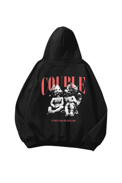 Gofeel Couple Baskılı Siyah Oversize Unisex Hoodie Sweatshirt