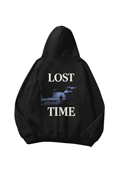 Gofeel Lost Time Štampano Crna Oversize kroj Unisex majica sa kapuljačom