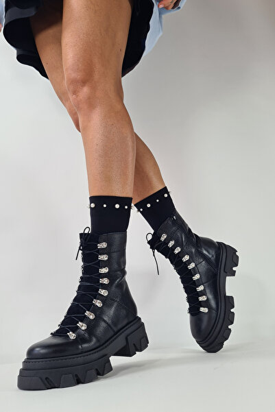 GARKONY Ghete dama Piele Naturala Negre cu accesorii argintii Ivanna