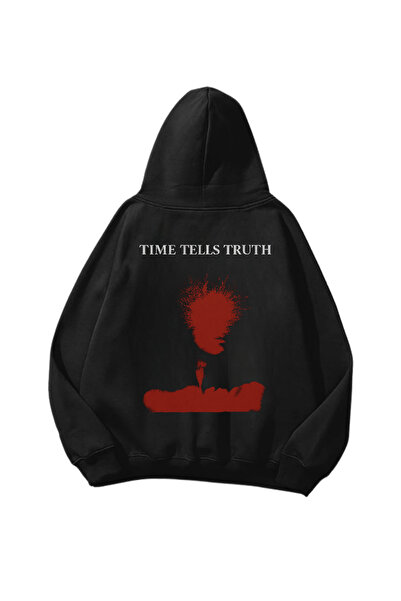 Gofeel سويت شيرت بقلنسوة أسود كبير الحجم مطبوع عليه Time Tells Truth للجنسين