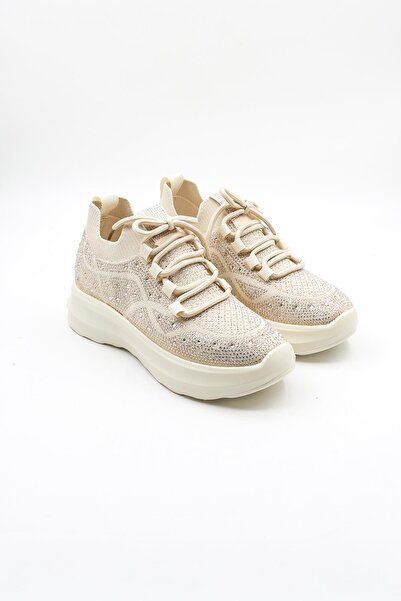 KRISTE BELL Lace-Up Stone Detailed High Sole Knitwear Women's Sports Shoes K25 0075 - Beige