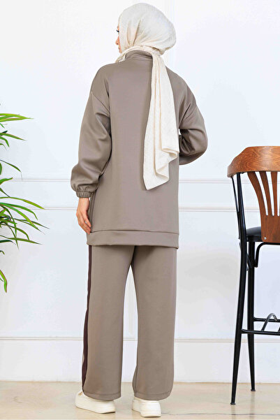 benguen Stripe Detailed Scuba Two-Piece Suit N5347 Mink