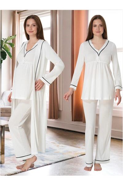 Lohusa Homewear Women's Ecru Special Design Cotton Maternity Pajama Set 3-Pie...
