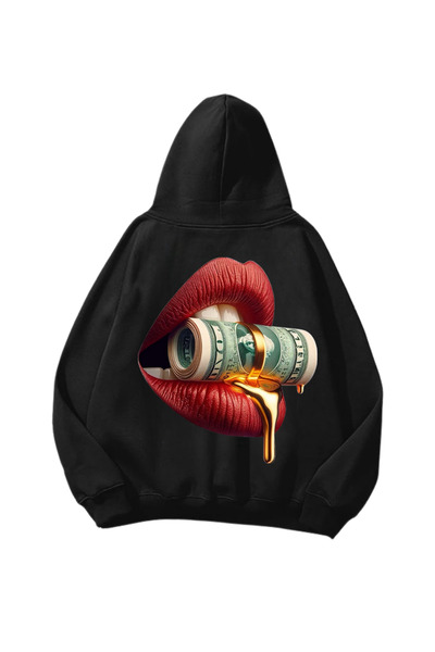 Gofeel Money Lips Štampano Crna Oversize kroj Unisex majica sa kapuljačom