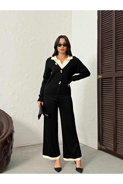 BEJNA Damen-Polo-Set mit V-Ausschnitt und detailliertem Oberteil und Unterteil aus Strickwaren