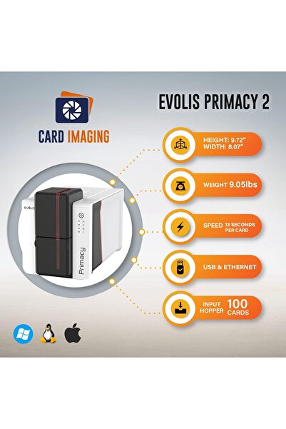 Fipka Card Imaging Evolis Primacy 2 Dual Sided ID Printer & Supplies Bundle Badge Machine
