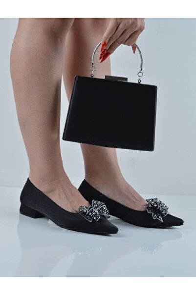 Şanslı Ayakkabıcılık Siyah Saten Fiyonklu Kısa Topuklu Abiye Babet Çanta Takım