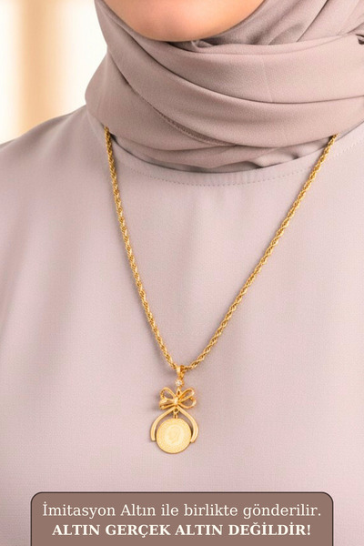 VELİT VOLA Fiyonk Detaylı Yarımlı, Çeyrekli, Gram Altın Uyumlu Çelik Burgu Zincir Kolye