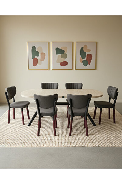 JoyMassa NOVA TRAVERTEN MASA TAKIMI (6 ADET SANDALYE/90X170 CM YEMEK MASASI)