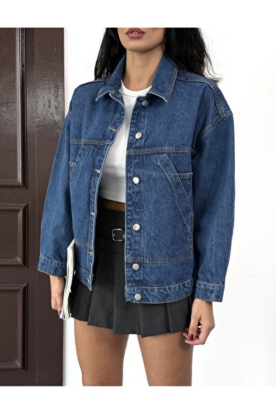 DENİMJESST Jachetă de blugi oversize pentru femei, albastru închis 00150