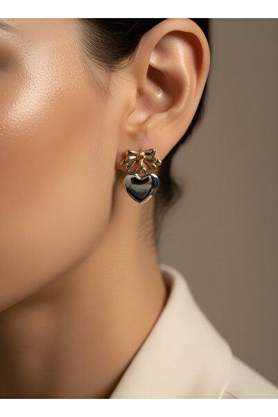 TURBİJ Gold Ribbon Silver Heart Detailed Earrings |   Elegant Women's Vip Ear...