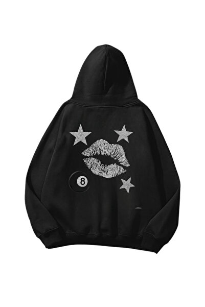 1blood Φούτερ με κουκούλα Lips & Stars II με τύπωμα Μαύρο oversized Unisex