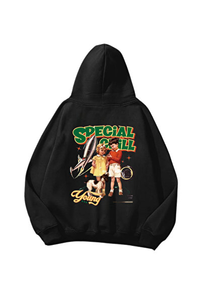 Gofeel سويت شيرت هوديي أسود كبير الحجم مطبوع عليه Special Hell للجنسين