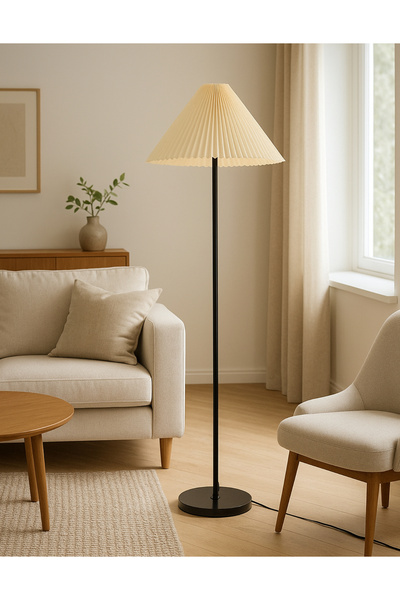 burenze Modern Capri Umbrella Pileli Krem Kumaş Dekoratif Lambader Metal Siyah Gövde