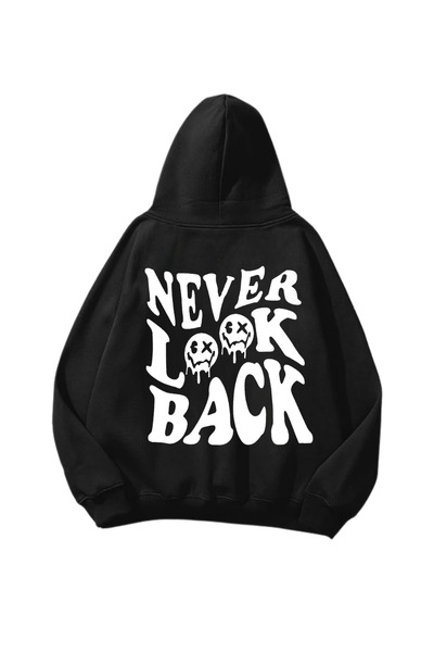 Gofeel Never Look Back Štampano Crna Oversize kroj Unisex majica sa kapuljačom