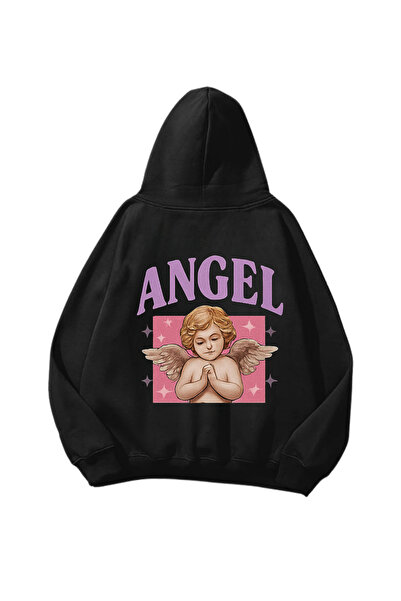 Gofeel Angel Štampano crna Oversize kroj unisex dukserica sa kapuljačom