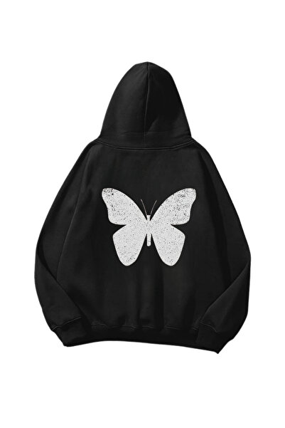 Gofeel Суитшърт с качулка Butterfly Glitter Baskılı Siyah Oversize Unisex
