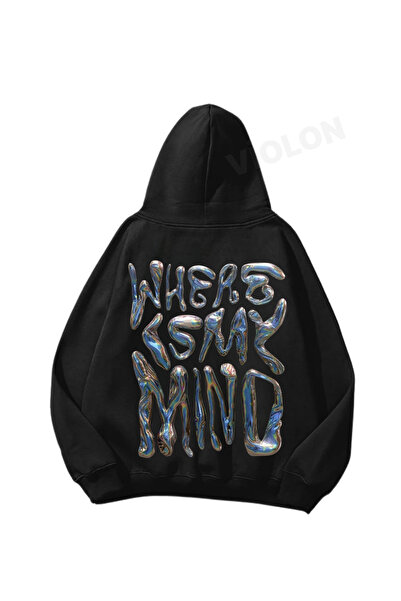 Gofeel Gde je moj um Štampano crna Oversize kroj unisex dukserica sa kapuljačom