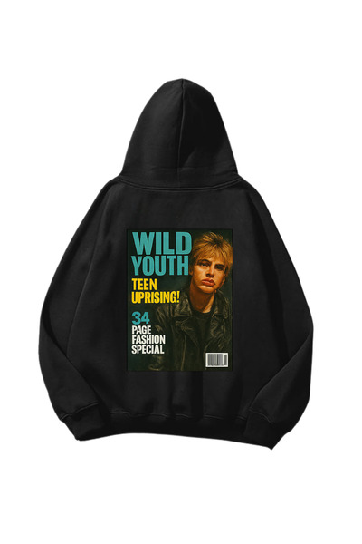 Gofeel Divlja omladina Štampano crna Oversize kroj unisex dukserica sa kapulj...