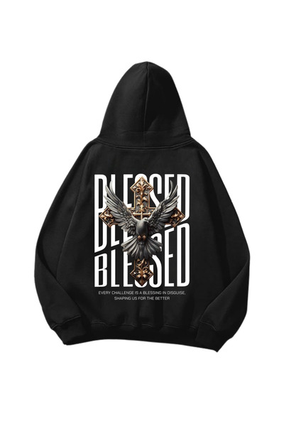 Gofeel Blessed Baskılı Siyah Oversize Unisex Hoodie Sweatshirt