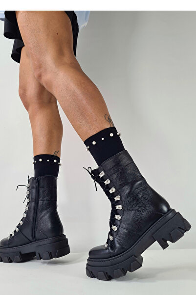 GARKONY Ghete dama Piele Naturala Negre cu accesorii argintii Ivanna