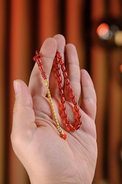 dergah tesbih Wrist-Length Gold Design Silver Tassel Red Fire-I Tightening Amber Prayer Beads