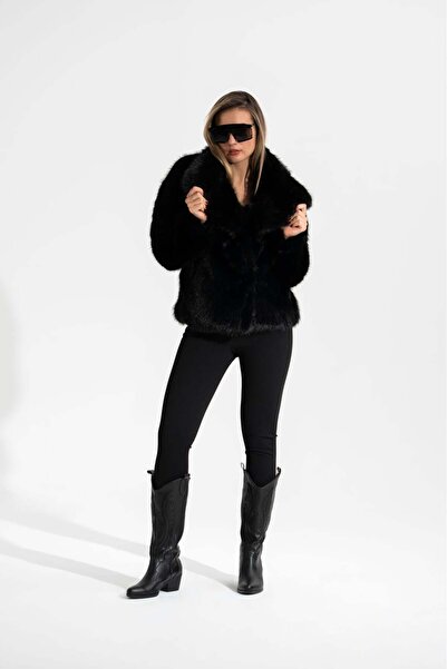 roibyardaözmen Τεχνητή γούνα με φαρδύ γιακά-Μαύρο