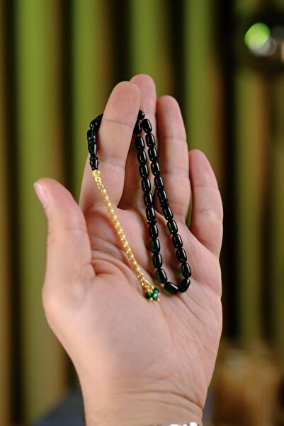 dergah tesbih Wrist-Length Gold Design Silver Tassel Green Fire-I Tightening Amber Prayer Beads