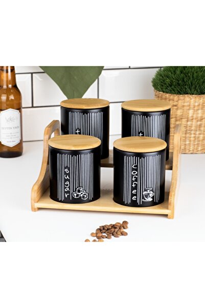 naturelove 4-Piece Black Ceramic Tea, Coffee, Sugar Jar Set, 4 Ceramic Jars w...