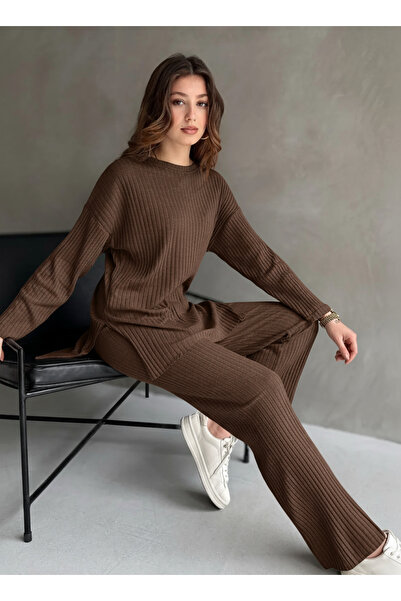 eyyebelle Cotton Ribbed Women's Blouse Trousers Double Set