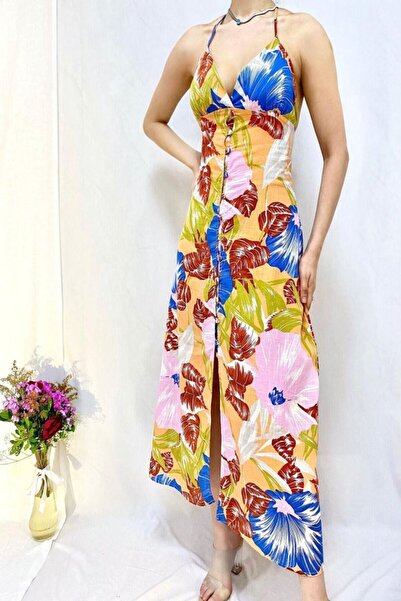 POLEXP Blue Backless Linen Dress