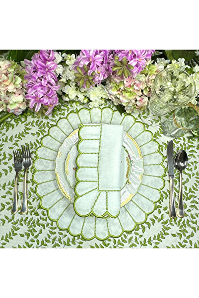 Table Alp %100 Keten Yeşil Nakışlı 2’li Amerikan Servis & Peçete Seti (4 Parça)