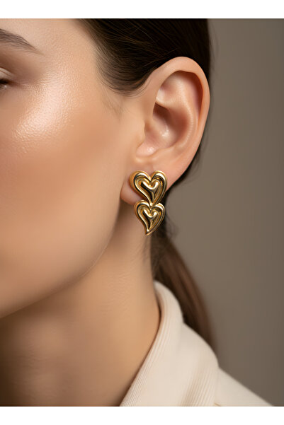 TURBİJ أقراط ذهبية لامعة على شكل قلب مزدوج |   أقراط عصرية |   أقراط نسائية أ...