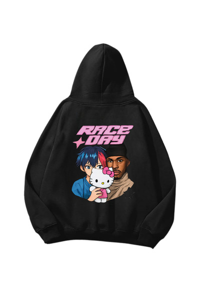 Gofeel Hanorac unisex supradimensionat cu imprimeu Race Off Hello Kitty negru